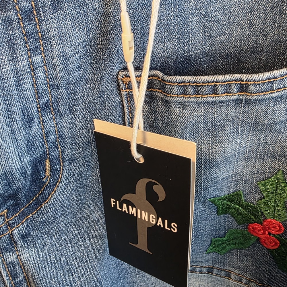 Flamingals Festive Blue Boot Cut Jeans with Holiday Embroidery - Picture 5 of 7